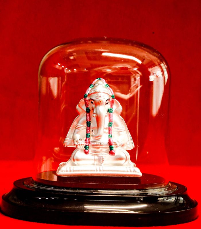 Silver-Plated Baby Ganesha Statue in Glass Dome